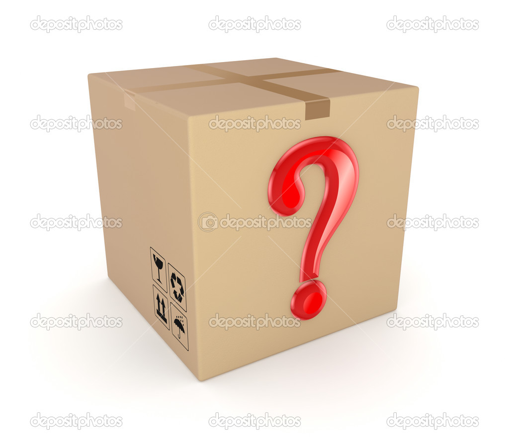 Carton box with red query mark.