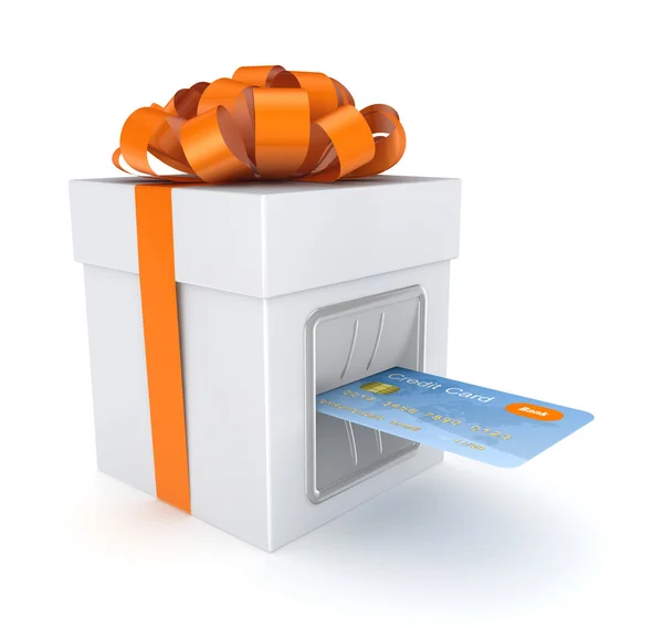 Creditcard ingevoegd in een doos van de gift. — Stockfoto