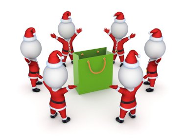 Yeşil paket etrafında Noel babalar.