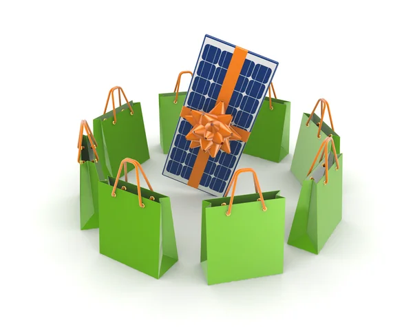 Green packets around solar battery. — Stock Photo, Image