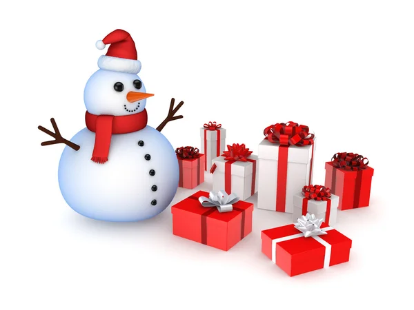 Schneemann mit Weihnachtsgeschenken. — Stockfoto
