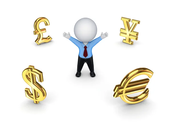 Currencies around happy 3d small person. — Stock Photo, Image