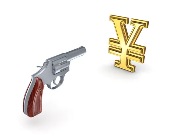 Revólver disparando al símbolo del yen . — Foto de Stock