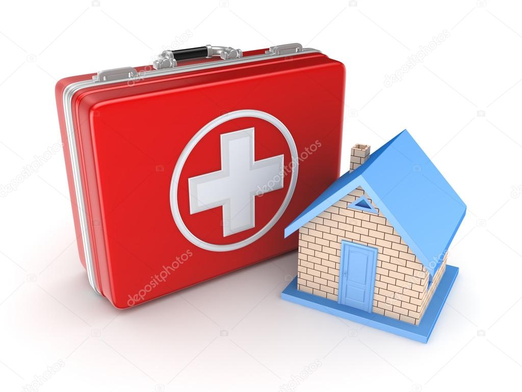 Red medical suitcase and small house.
