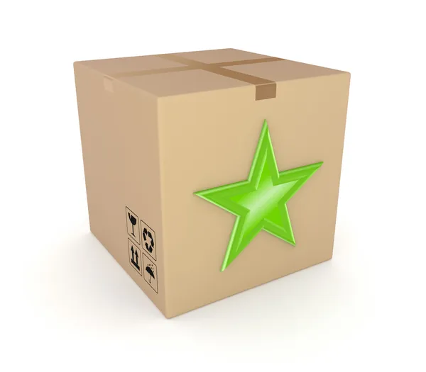 Green star on a carton box. — Stock Photo, Image
