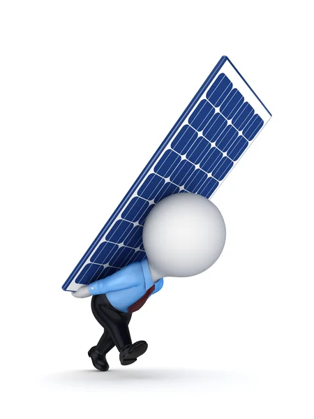 3D-kleine persoon met een solar batterij aan de achterkant. — Stockfoto
