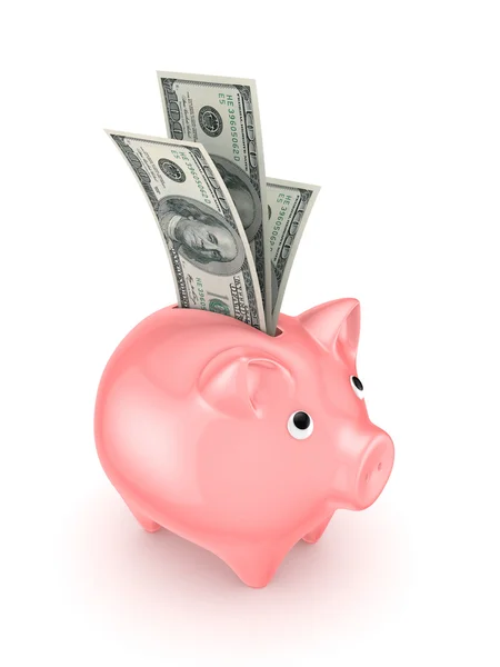 Pink piggy bank and dollars. — Stock Photo, Image