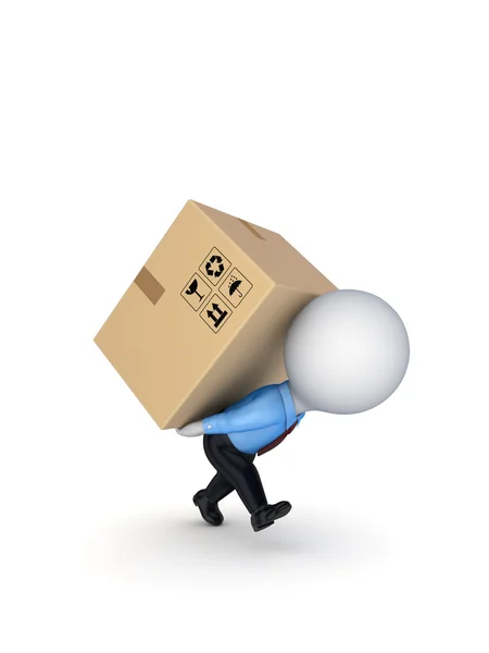 3D-kleine persoon met een kartonnen doos op de achterkant. — Stockfoto