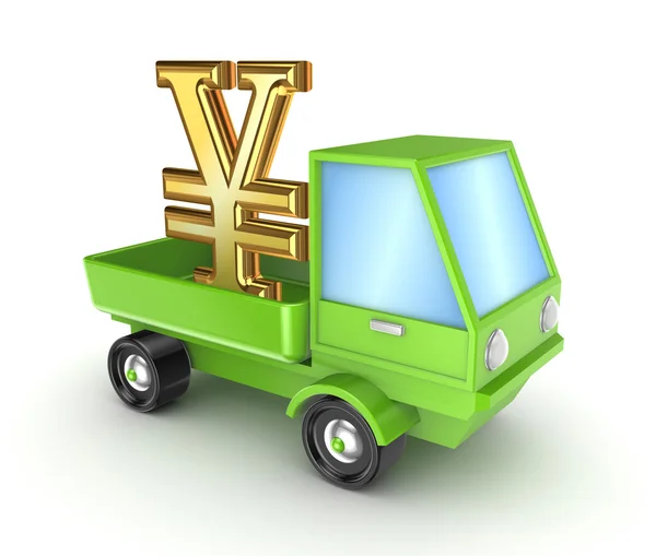 Zielona ciężarówka z symbolem jenów. — Zdjęcie stockowe