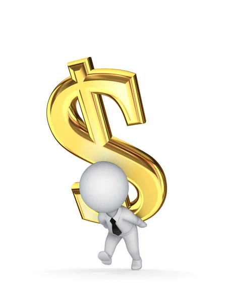 3d small person with a sign of dollar on the back. — Stock Photo, Image