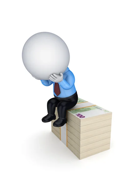 Sad 3d small person sitting on a stack of euro. — Stock Photo, Image
