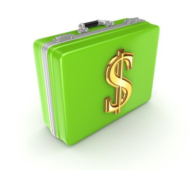 Altın dolar işareti olan yeşil çanta.