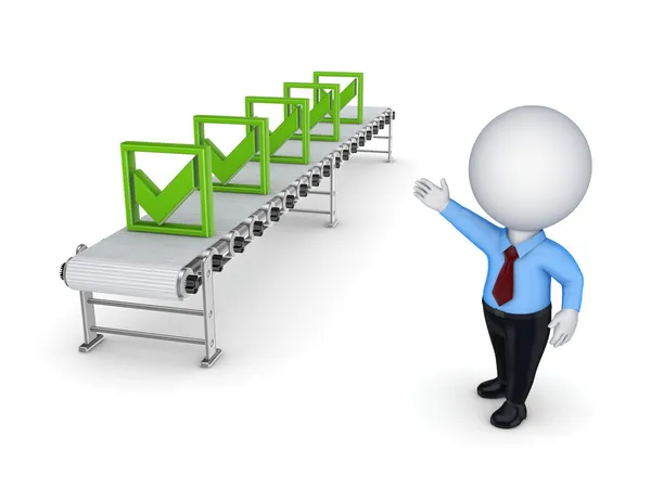 3d small person points to the conveyor with green tick marks. — Stock Photo, Image
