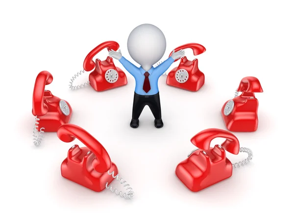 Red vintage telephones around 3d small person. — Stock Photo, Image