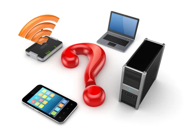 Router, notebook, PC, cellulare e segno di query . — Foto Stock