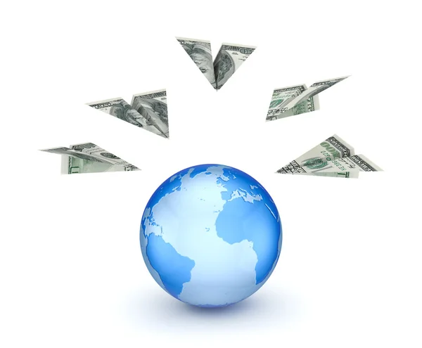 Paperplanes made from dollars and a globe. — Stock Photo, Image