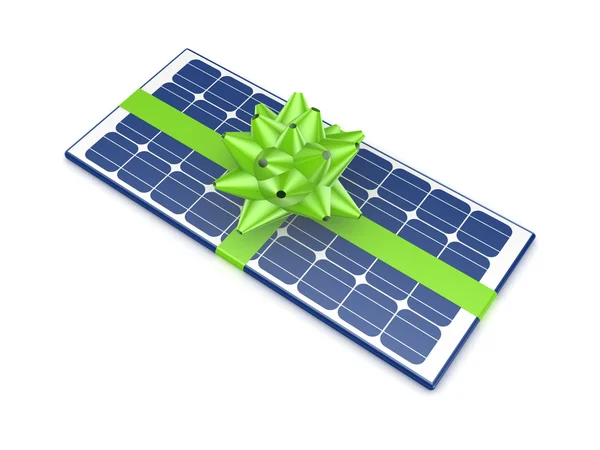 Solar battery decorated with a green ribbon. — Stock Photo, Image