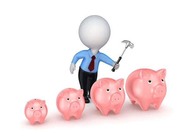 3d small person and pink piggy banks. — Stock Photo, Image