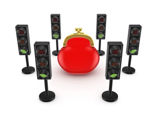 Traffic lights around red purse. — Stock Photo, Image