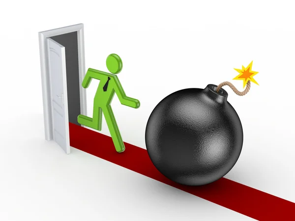 3d small person running to a black bomb. — Stock Photo, Image