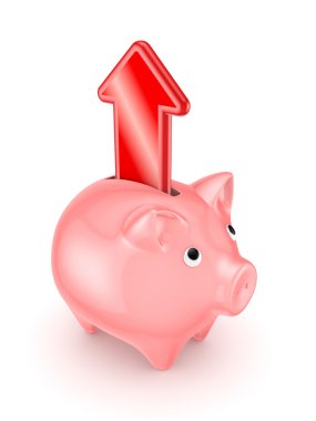 Pink piggy bank with a red arrow.