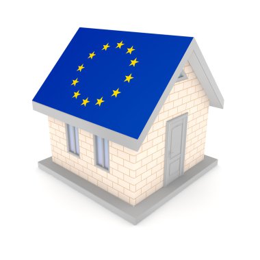 Çatıda AB bayrağı ile küçük ev.