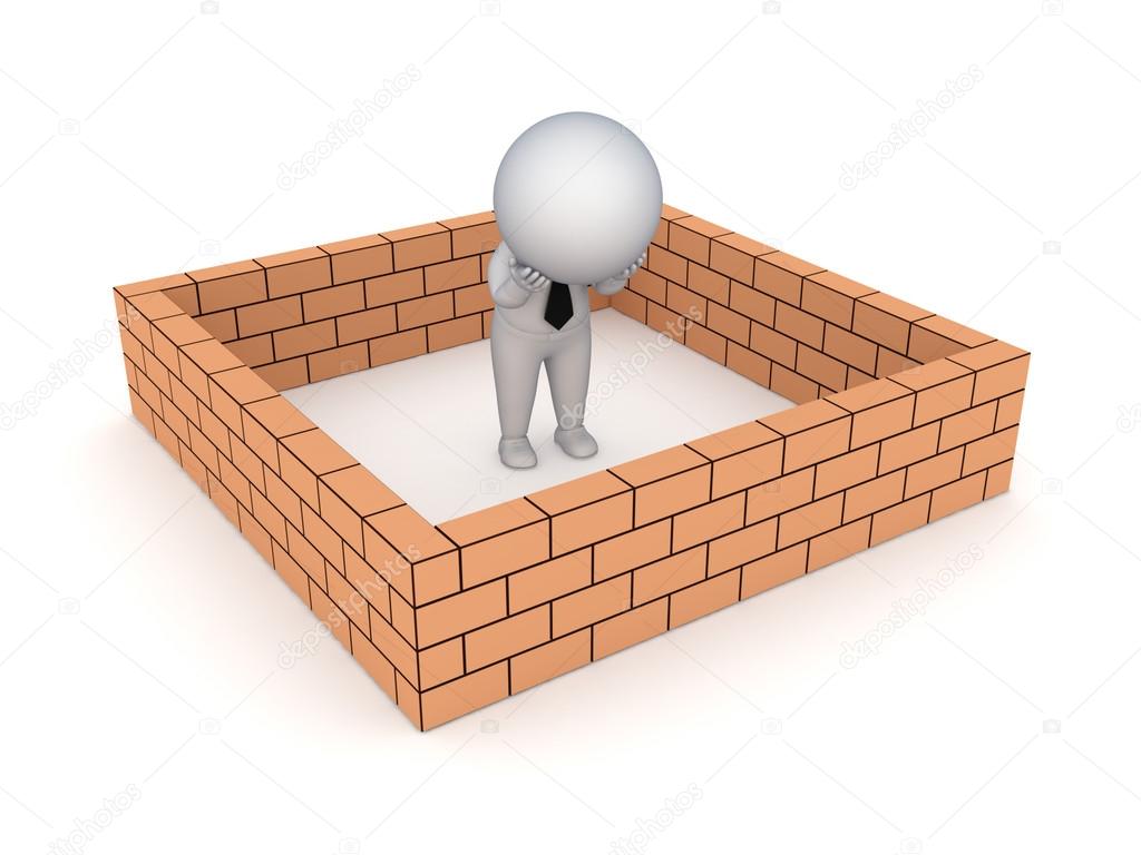 3d small person behind brick wall.