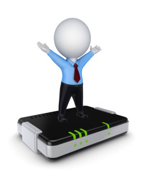 Happy 3d small person standing on router. clipart