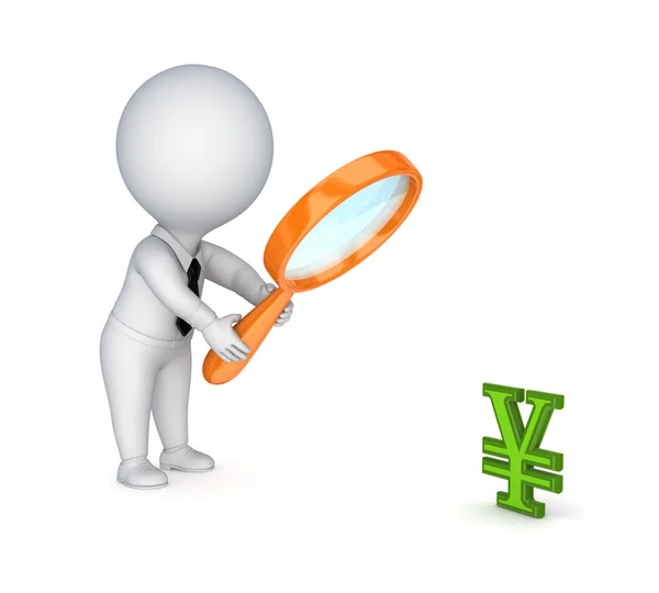 3D liten person med en lupp och yen symbol. — Stockfoto