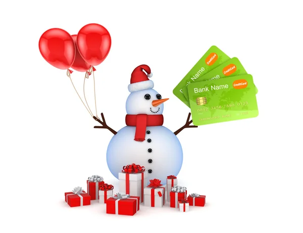 Sneeuwpop met credit cards en geschenkdozen. — Stockfoto