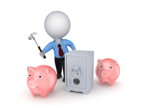 3d small person, pink piggy banks and iron safe. — Stock Photo, Image