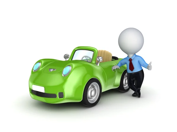 3d small person selling the car. — Stock Photo, Image