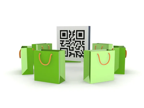 Green plastic packets around QR code. — Stock Photo, Image