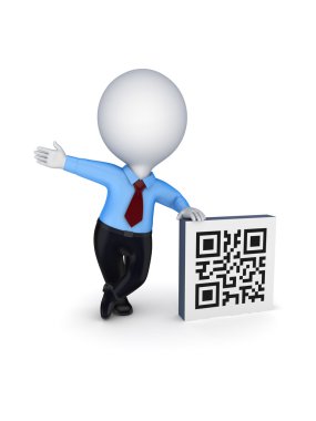 3D küçük kişi ve qr kodu sembolü.