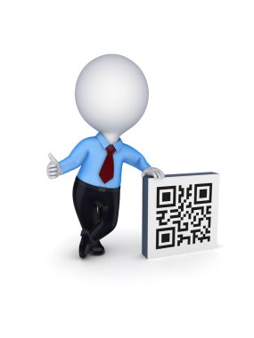 3D küçük kişi ve qr kodu sembolü.