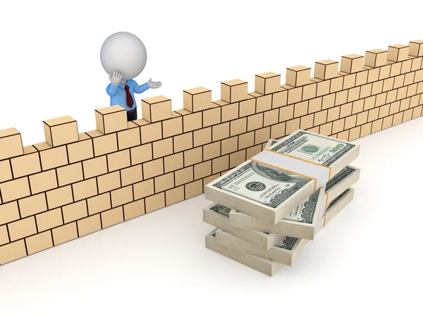 3D personen bakom väggen och stack dollar. — Stockfoto