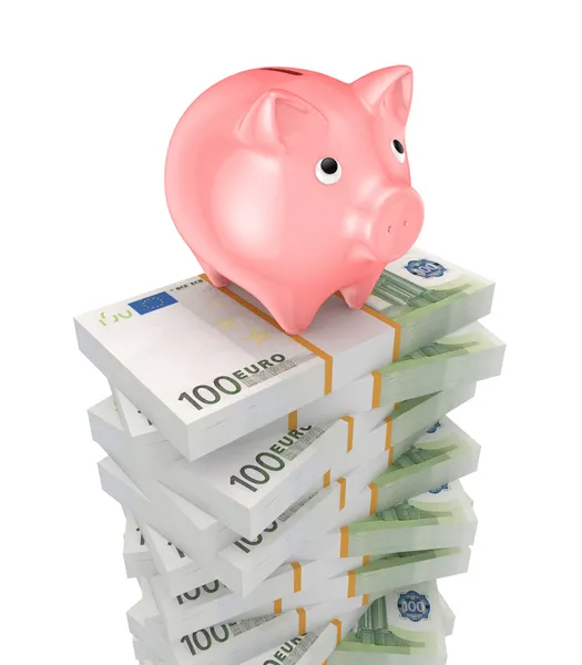 Růžové prasátko bank a hromádky eura. — Stock fotografie