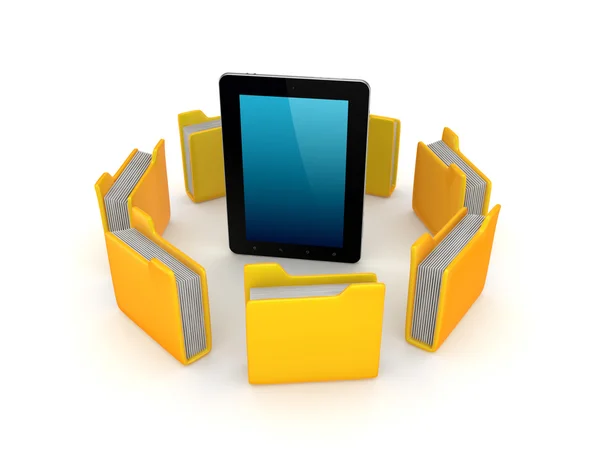 Yellow folders around tablet PC. — Stock Photo, Image