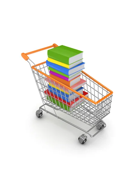 Färgglada böcker i en shopping vagn. — Stockfoto