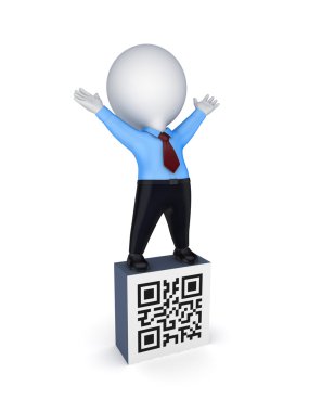 3D küçük kişi ve qr kodu sembolü.