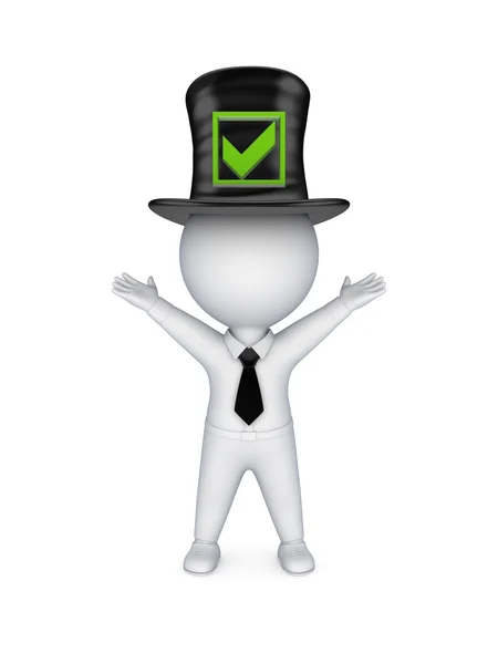 3d small person in top-hat with green tick mark. — Stock Photo, Image