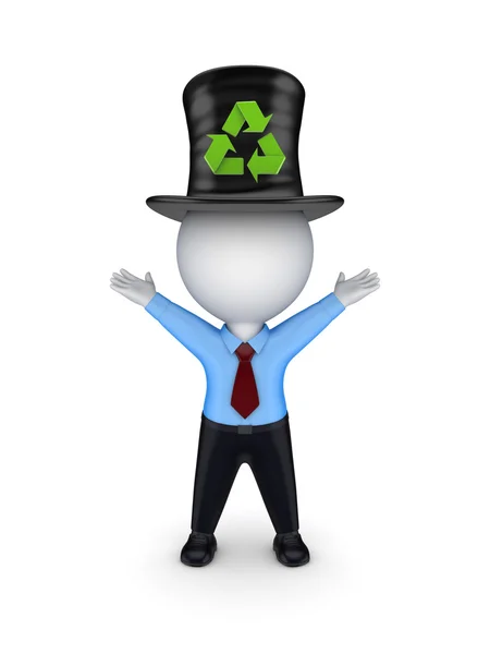 3d pequena pessoa em top-hat com símbolo de reciclagem . — Fotografia de Stock