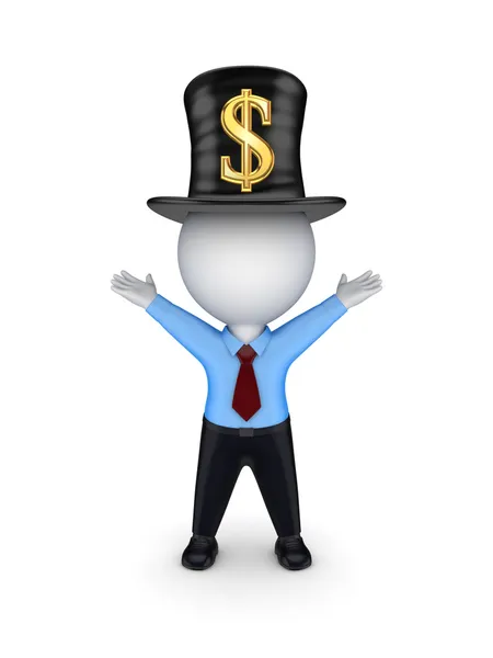 3d small person with sign of dollar on top-hat. — Stock Photo, Image