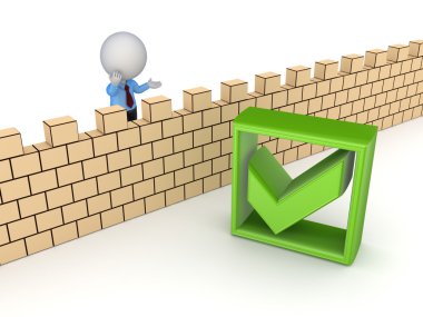 3D küçük kişi arkasında duvar ve tik işareti.