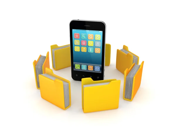 Yellow folders around mobile phone. — Stock Photo, Image