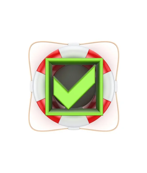 Green tick mark on lifebuoy. — Stock Photo, Image