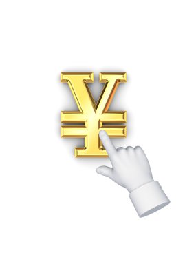 Yen symbol and stylized pointing hand.