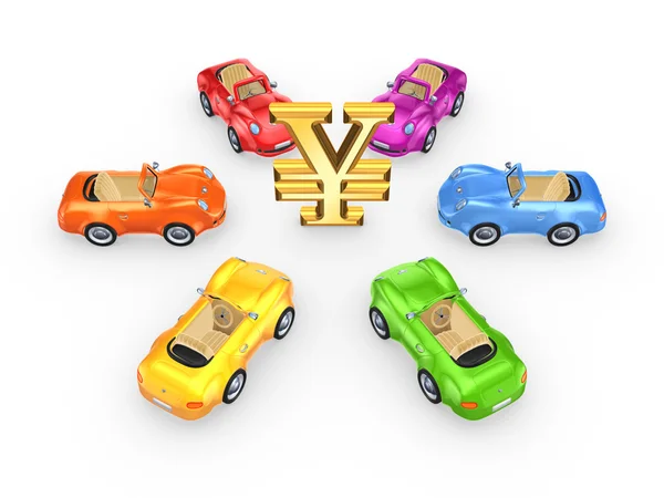 Colorful cars around symbol of yen. — Stock Photo, Image