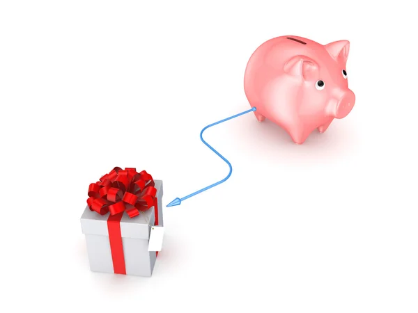 Pink piggy bank connected to giftbox. — Stock Photo, Image