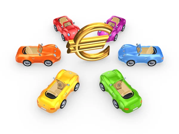 Kleurrijke auto's rond eurosymbool. — Stockfoto